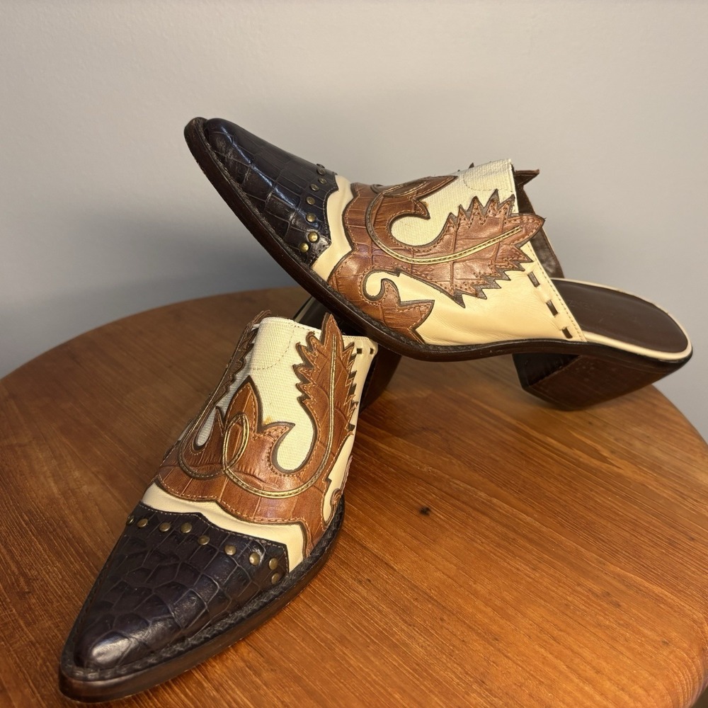 Ramon Tenza Brown Ivory Western-Style Heeled Mules